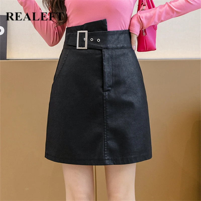 

REALEFT Autumn Winter Irregular Women's PU Leather Skirts 2021 New High Waist Buttons Workwear A-Line Sexy Mini Skirts Female