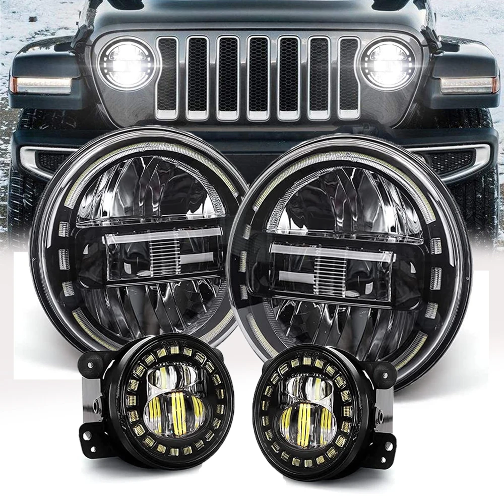 

Set For Jeep Wrangler 97-2017 JK TJ LJ JKU Rubicon Sahara 7" inch Round LED Headlights Halo Ring & 4" Fog Light Car Accessories