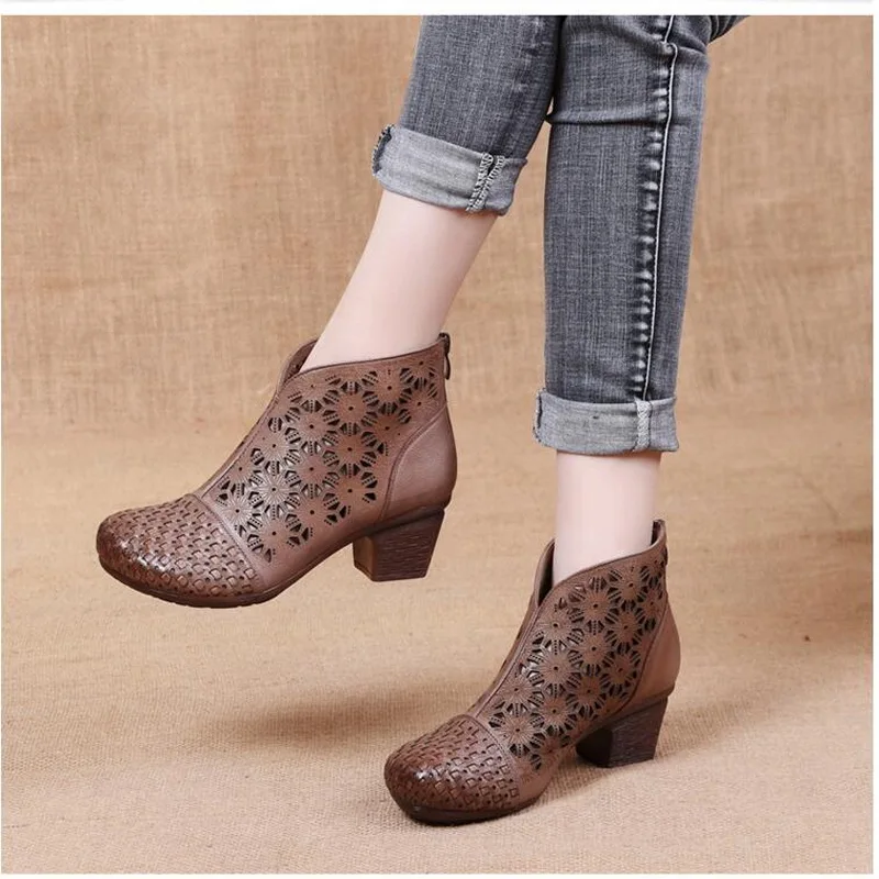 

New Genuine Leather Women Boots Spring Summer Female Ankle Boots Women Ladies Casual Shoes Retro Hollow Out Breathable Low Heel
