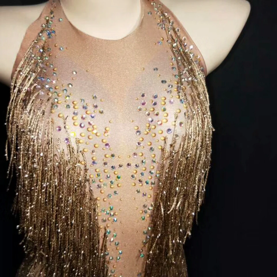 Female Djds Leotard Sexy Women Bodysuit Tassel Sparkly Rhinestones Halterneck Singer Dance Wear Nightclub Stage Clothing Beyonce