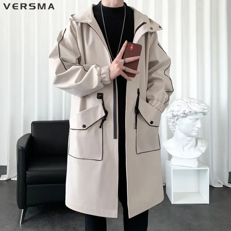 VERSMA Korean Harajuku Trendy Long Plus Size Trench Coat Men Spring Autumn Russian Hoooded Mens Black Trench Coats Dropshipping