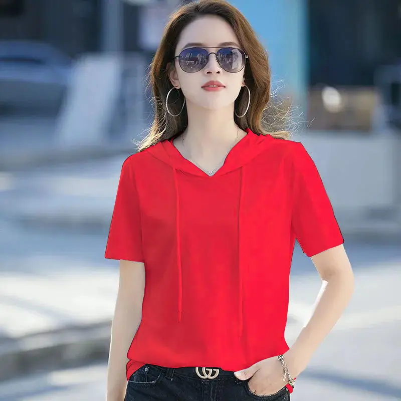 Hooded T-shirts Women 2021 Summer Solid Basic Short Sleeve Cotton Tshirt Famale Tee Top Ladies T Shirt Sexy Trending Shirts Girl