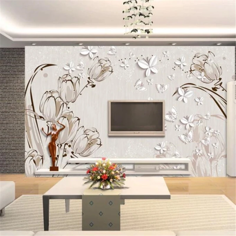 

beibehang Custom wallpaper mural tulip 3D papier peint butterfly TV background wall papers home decor papel de parede wallpaper