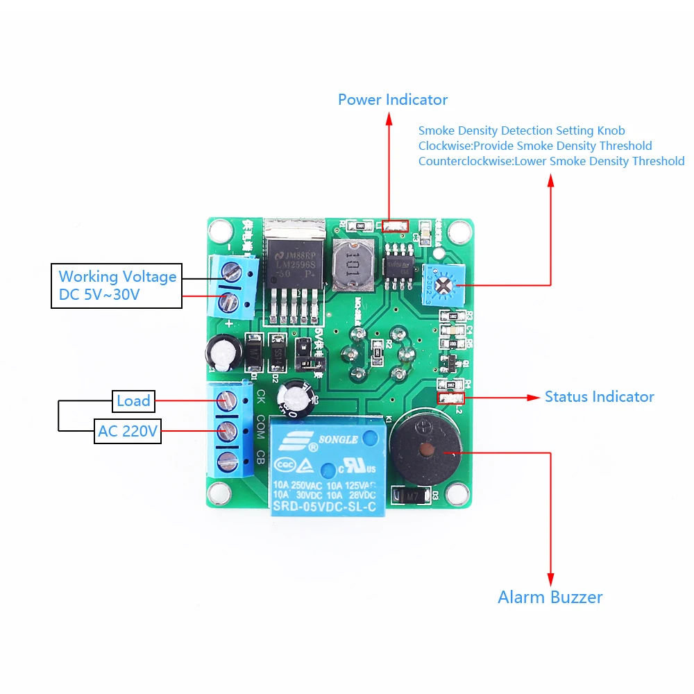 Imagem -03 - Módulo do Sensor do Mq2 Smoke Detector de Fumo Interruptor do Relé do Alarme Controlador 12v 24v