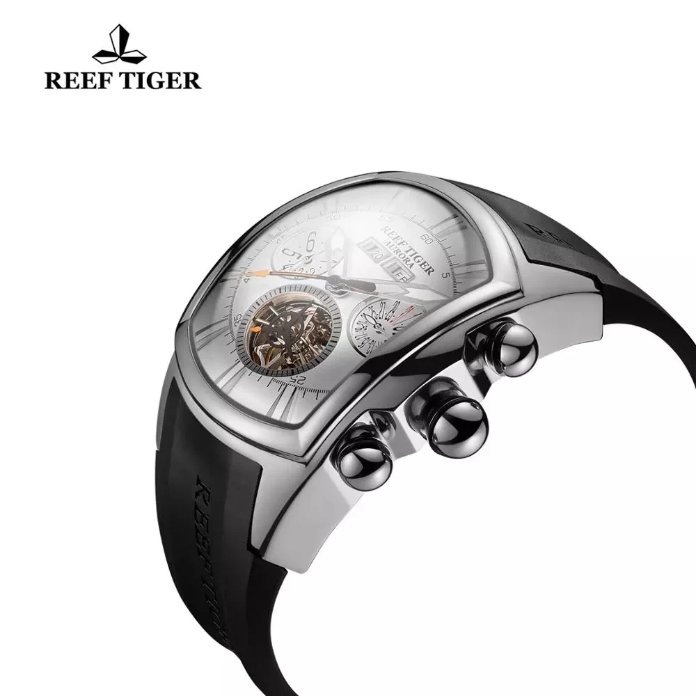 Reef Tiger/RT Convex Glass Stylish Tourbillion 3D Designer Sport Watch White Dial Automatic Mechanical Men Watches