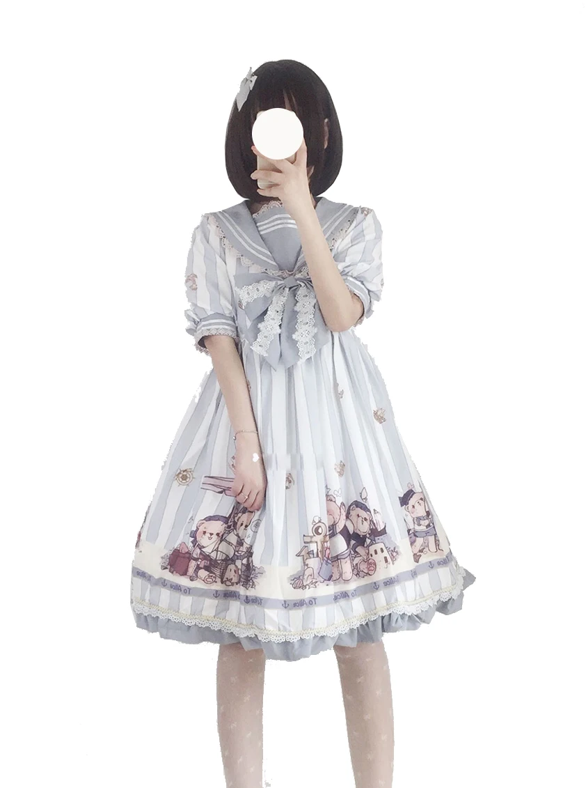 

Stripe sweet lolita dress cute printing sailor collar bowknot lace hollow victorian dress kawaii girl gothic lolita op lo