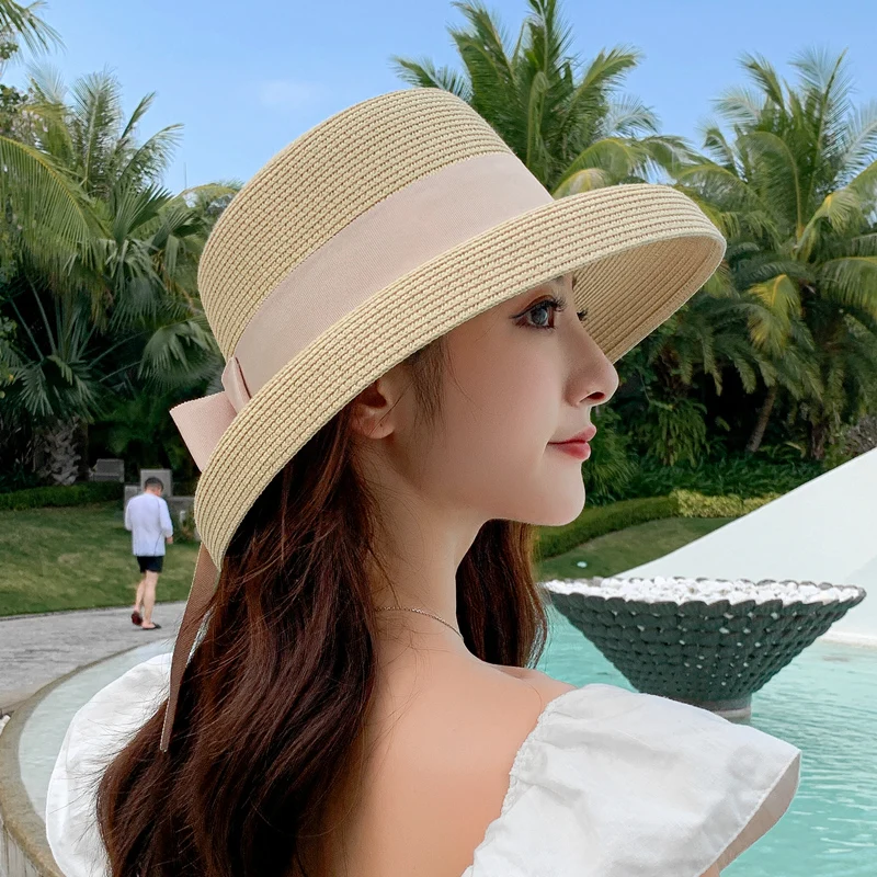 Retro Round Top Straw Hat Ladies Sun Hats Travel Holiday Visor Hats Vintage Women Beach Hat Black And White Wholesale ceremony