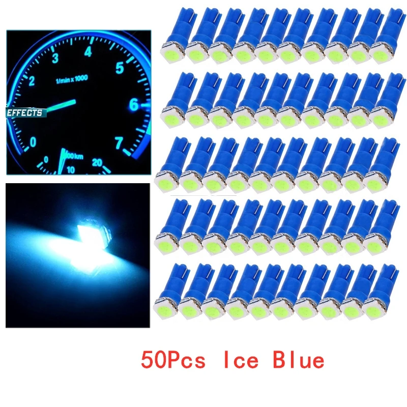 50Pcs T5 5050 1SMD 12V Ice Blue Blub Wedge Dashboard LED Lights Bulbs Car Lnstrument Indicator AC Lamp Auto Interior Accessories