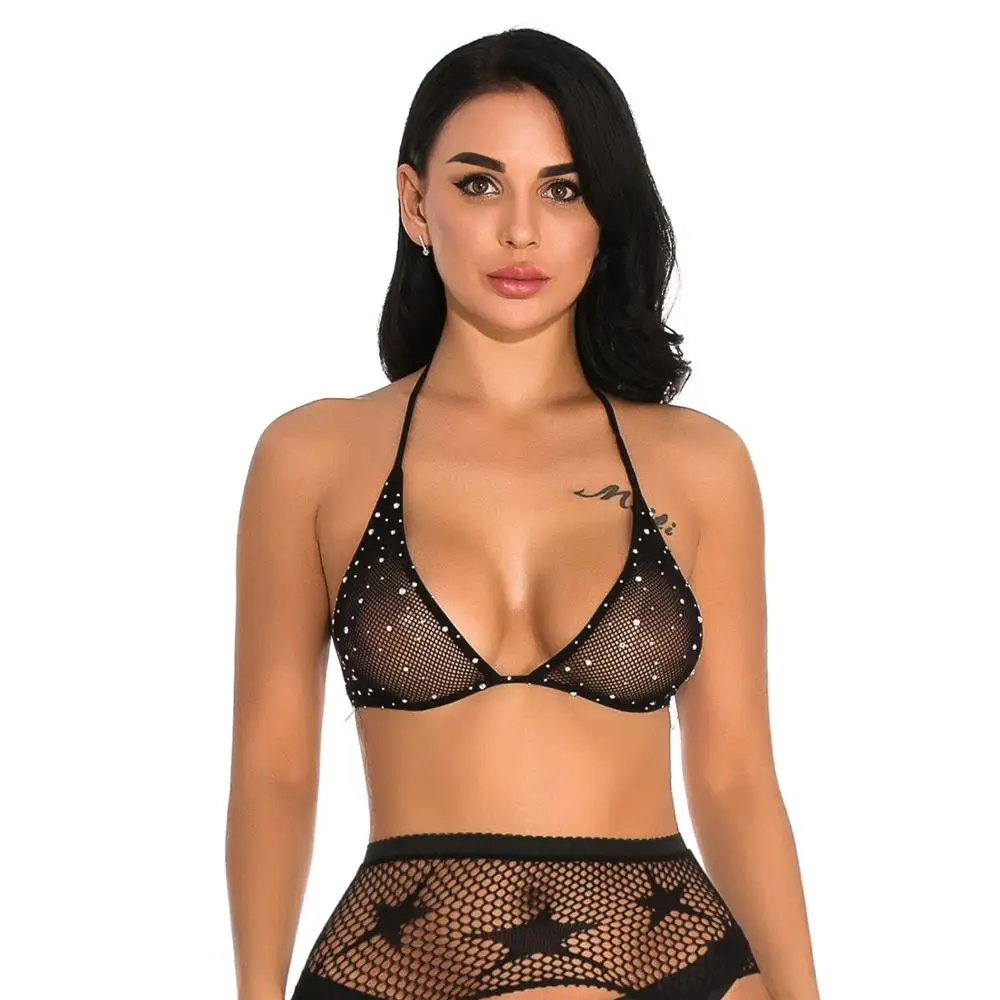 Phụ Nữ Gợi Cảm Của 2 Mảnh Đá Fishnet Áo Ngực Và Cổ Bộ Lưới Hở Lưng Cực Danc Liền Quần Clubwear