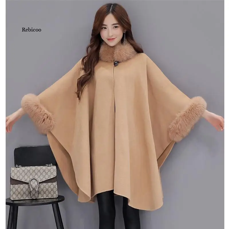 

New Arrivals Women Fox Fur Collar Long Wool Coat Elegant Women Cloak Shawl Jacket Female Winter Outwear New Bigsweety