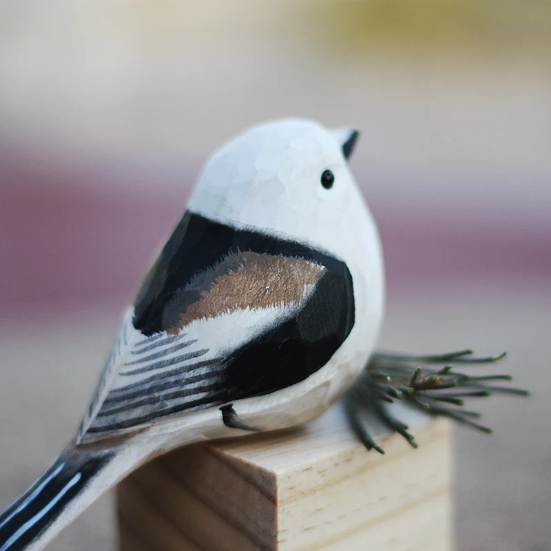 Northern long-tailed tit handmade ornaments silver throated tits wood carving bird crafts