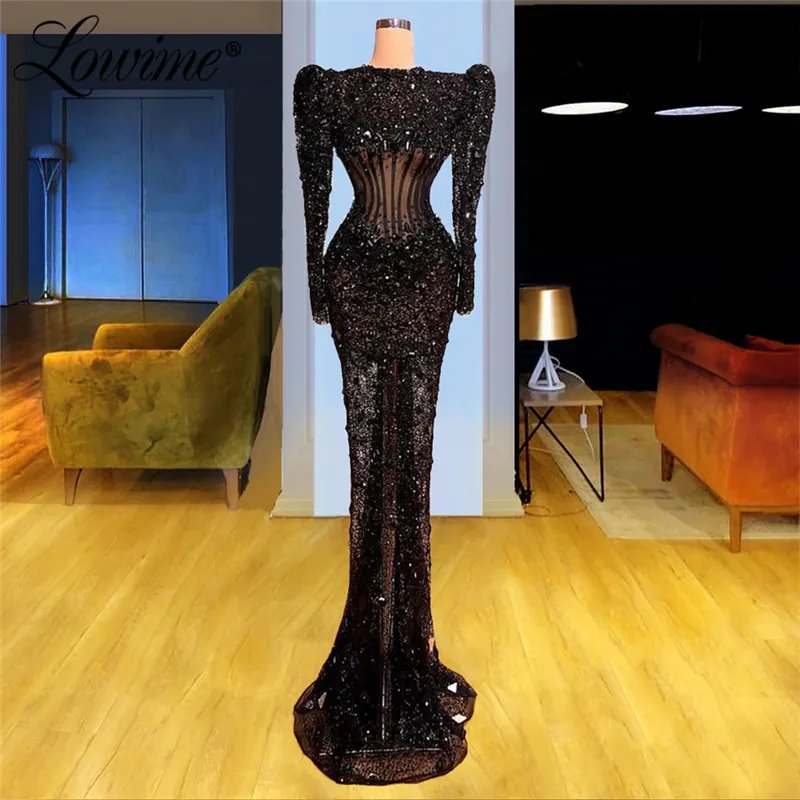 2021 Luxury Illusion Black Beaded Dubai Evening Dresses Saudi Arabia Party Dress For Weddings Robe De Soiree Celebrity Dresses