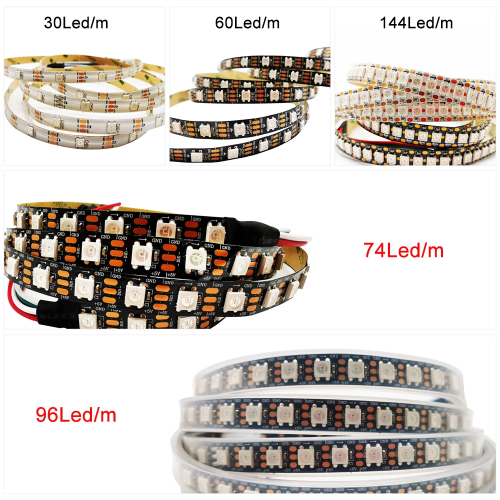 DC5V WS2812B Riêng Địa Chỉ Thông Minh 5050 RGB Led Strip Ánh Sáng 3Pin Đen Trắng 10MM Rộng PCB 30/60/144 Pixel/mét IP30/65/67