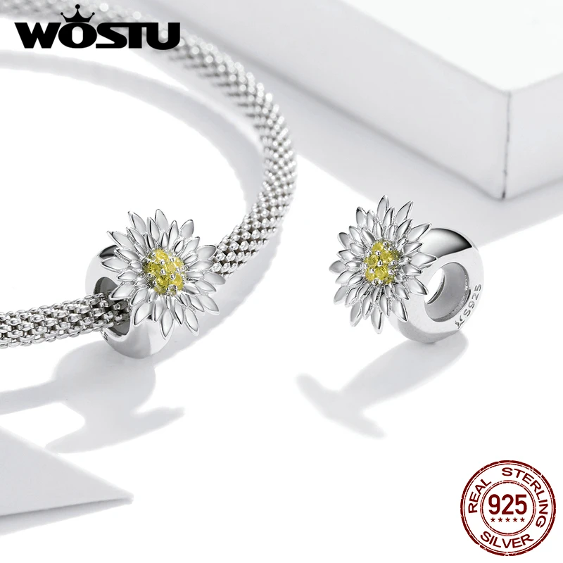 WOSTU Sunflower Charm 925 Sterling Silver Beads Fit Women Original Silver Making Bracelet Fine Jewelry Accessories Gift DXC1765