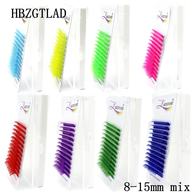 HBZGTLAD-pestañas postizas individuales de colores, pestañas postizas con rizo C/D de 0,07/0,1mm, 8-15mm de longitud mixta