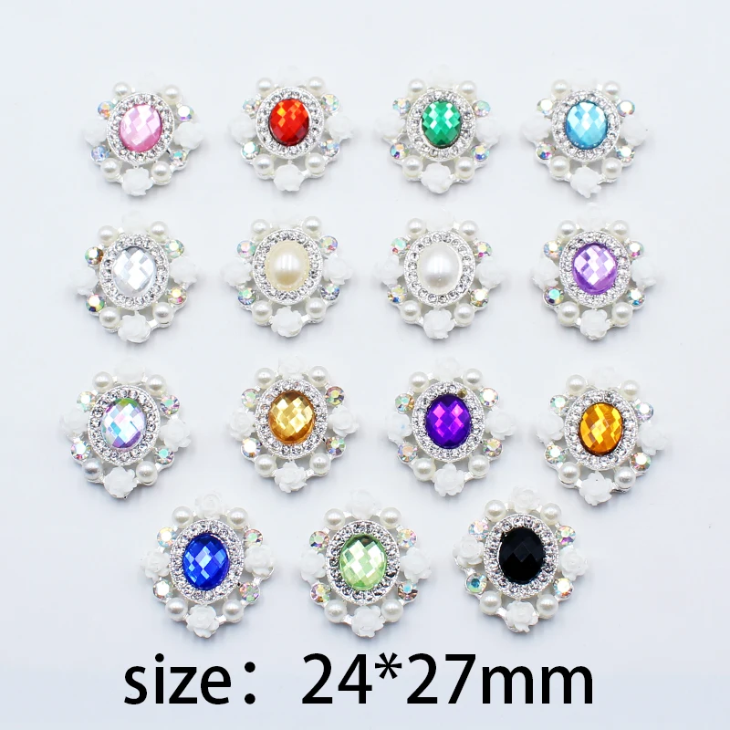 New 10pcs 24*27mm rhombus resin flower pearl rhinestone acrylic buckle DIY greeting card jewelry clothing decoration accessories