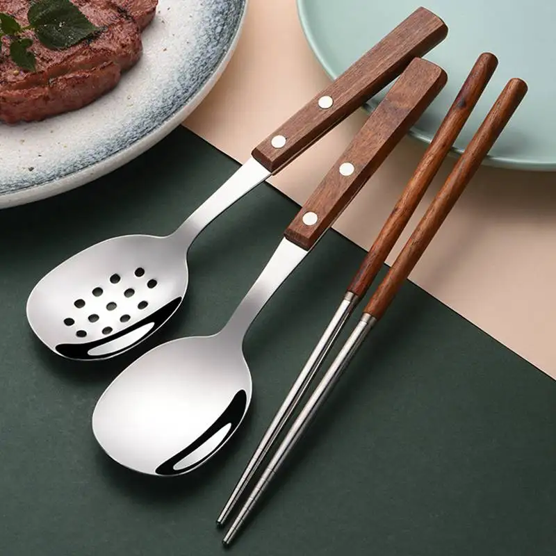 304 Stainless Steel Dining Spoon With Wooden Handle Public Spoon Leaking Spoon Public Chopsticks Household Restaurant Tableware