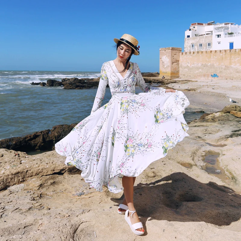 

Spring Elegant Women Floral White Maxi Dress Ladies Bohemian Beach casual Sexy V-Neck Sleeve Formal Long Dresses vestidos