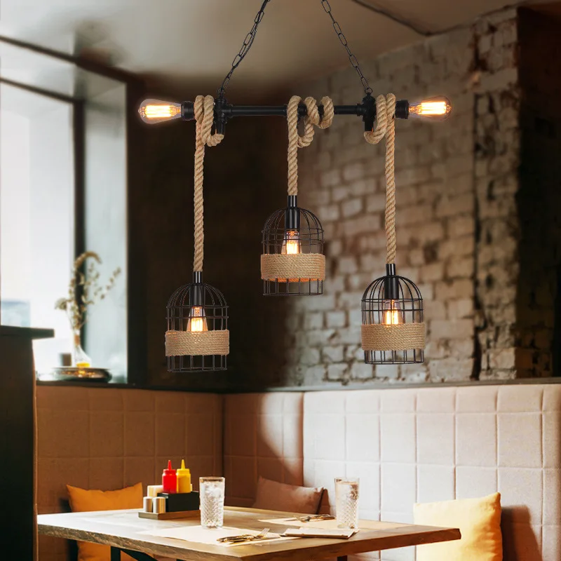 

Loft industrial hemp rope pendant light farmhouse kitchen lighting Black Cage iron rustic lamp fixtures