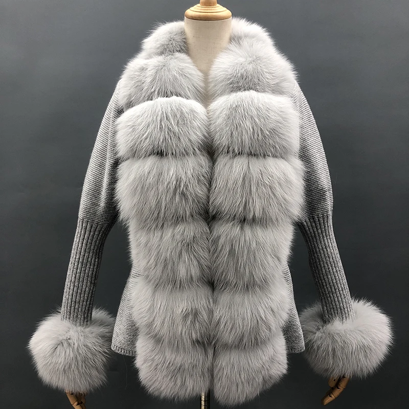 Winter Women Short Fashion Vintage Leg of Mutton Sleeve Belted Knitted Sweater Cardigan with Real Fox Fur Trim MJF-S-03