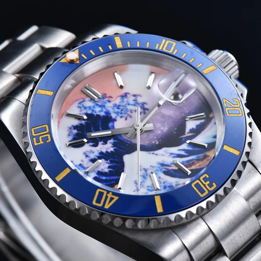 Kanagawa Aseptic Blue Surface Men\'s Automatic Mechanical Watch Watch Stainless Steel Blue Ceramic Ring