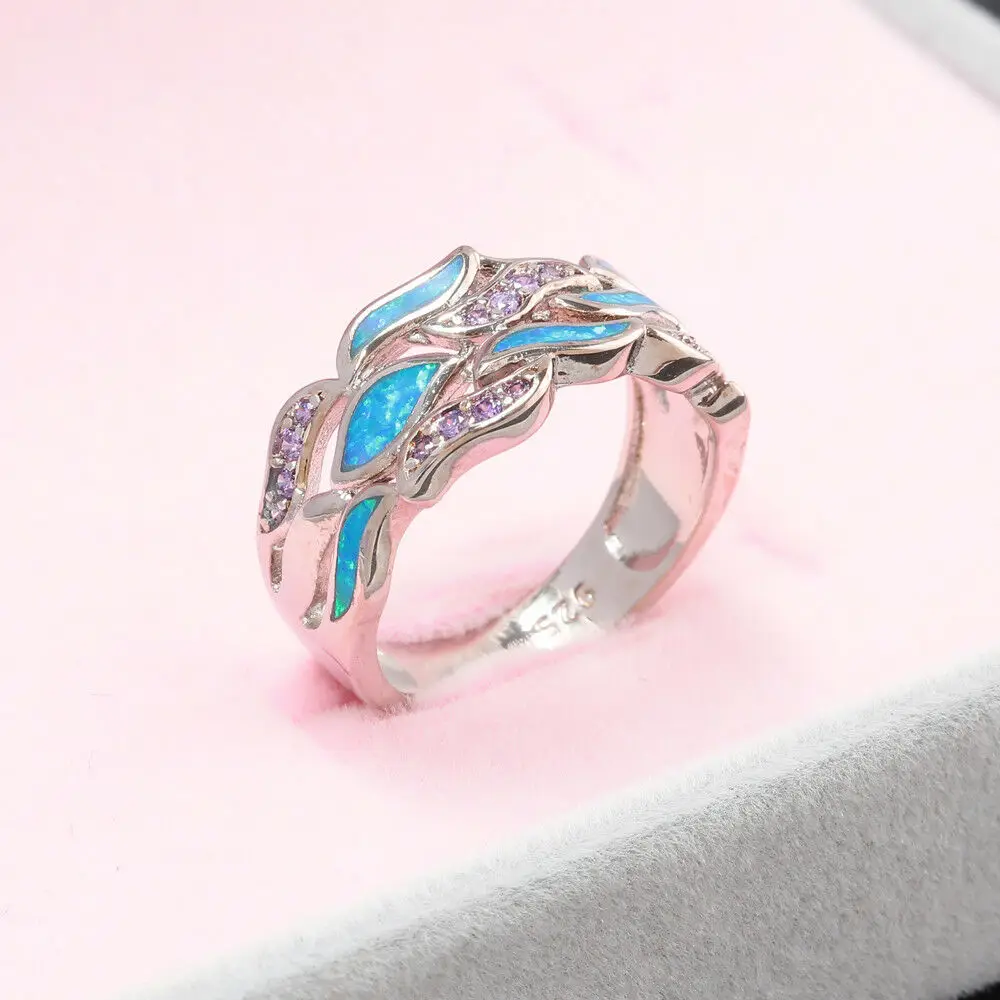 CiNily Blue Fire Opal Wide Rings With Stone Silver Plated Lilac Ctystal Leafs Fallen Leaves Bohemia BOHO Jewelry Woman Gift