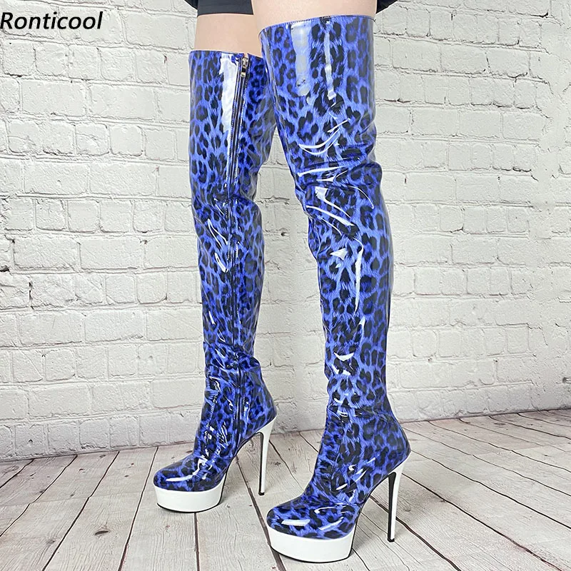 

Ronticool New Women Thigh Boots Patent Leather Side Zipper Stiletto Heels Round Toe Nice Leopard Party Shoes Women Us Size 5-15