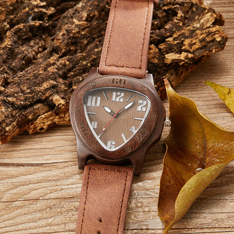 

Triangle Wood Watch Men Natural Bamboo Wooden Watches Male Brown Leather Wrist Watches REAL Wood Clock Black Dial Clock Reloj