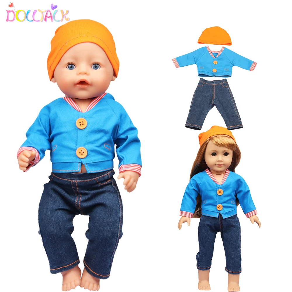 3 PCS Coat+Denim Pants+Hat 18 Inches American Doll Suit Accessorices Cute Tooling Cosplay Doll Clothes For 43cm New Baby Dolls