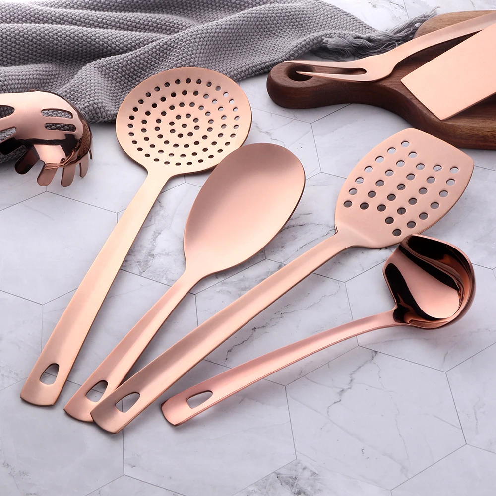 Pink Stainless Steel Long Soup Spoon Cooking Utensils Rose Gold Nonstick Kitchen Utensil Shovel Spatula Kitchenware Set Colander