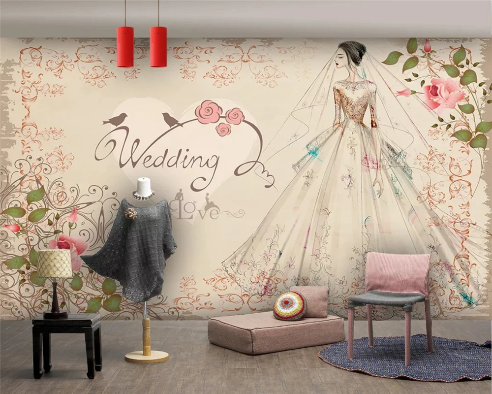 

beibehang papel de parede Custom silky classic 3d wallpaper romantic wedding retro wedding costume design tooling wall paper