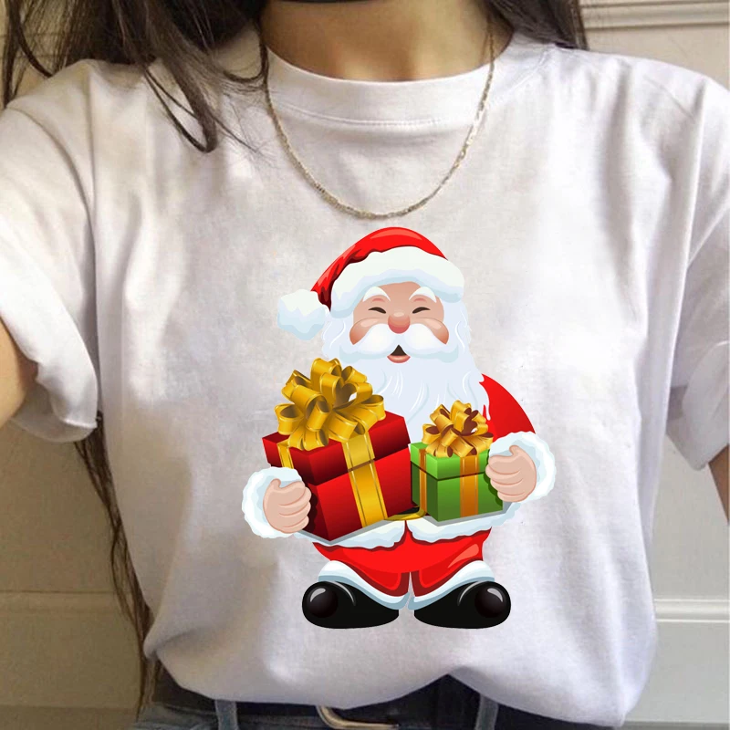 女性用半袖ラウンドネックTシャツ,ユーモラスな漫画「Laanta claus」の白いTシャツ,特大の服