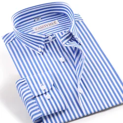 Men's Long Sleeve Pinpoint Striped Dress Shirt Quality Pocketless Design Slim Fit Casual Button Down Easy Care Cotton Shirts