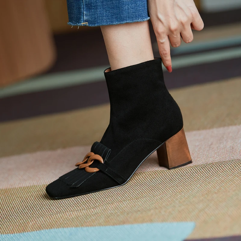 2021 Spring Autumn New Women Ankle Boots Kid Suede Shoes Woman Square Toe Chain Side Zipper New Female Office Thick Heels Boots