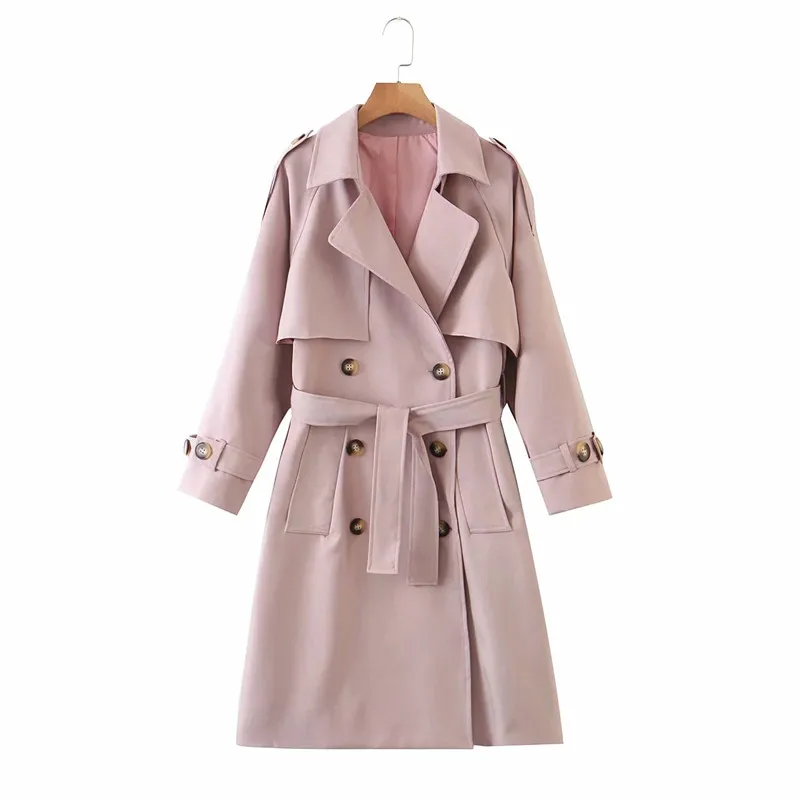 

Women autumn fashion pink long jackets outwear with belt Nice stylish lady double breasted loose coat streetwear femme veste