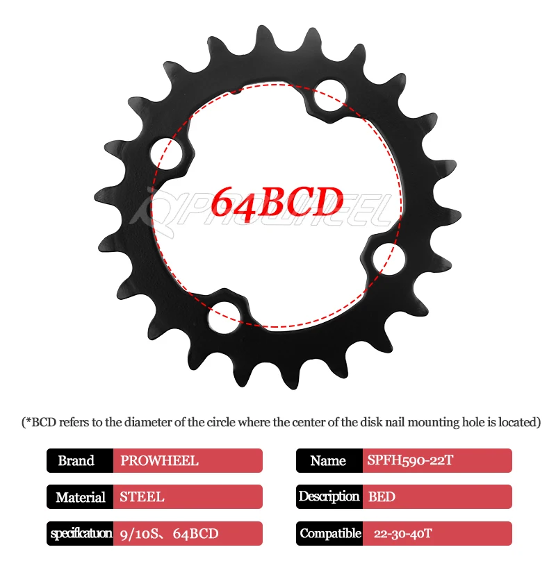 PROWHEEL MTB Kettenblatt 64/96/104BCD Mountainbike-Kettenrad 22T 24T 30T 32T 40T 42T 44T Zahnkranz Stahllegierung Fahrradteil – Detail 13
