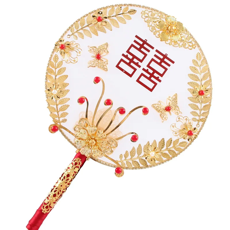 NiuShuya New Bridal Fan Chinese Vintage Handmade Silk Round Fan Holding Flower Ancient Gold Fan  Wedding Accessories