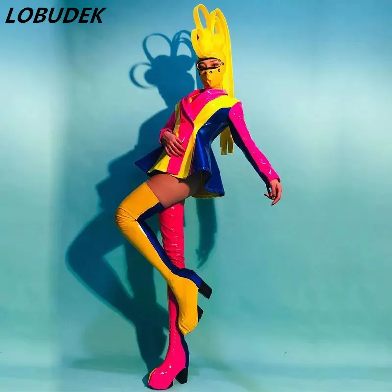 Women's Colorful Striped PU Leather Masked Singer Stage Costume Set with Bikini Jacket Leggings Mask Headgear Nightclub Dancer