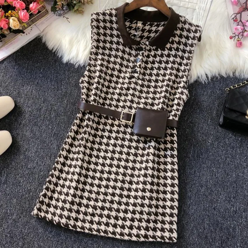 

New arrival spring autumn Houndstooth woolen vest women sleeveless top waistcoat with bag