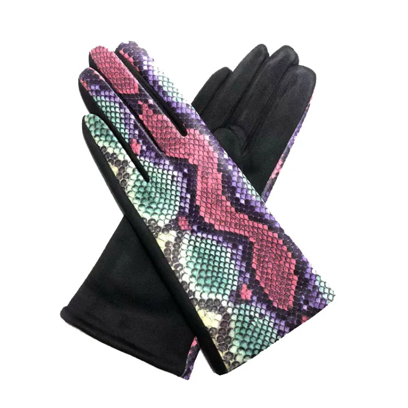 

Winter Women Keep Warm Touch Screen Plus Velvet Inside Thick Snake Print Fashion Personality Cycling Drive Elasticity Gloves