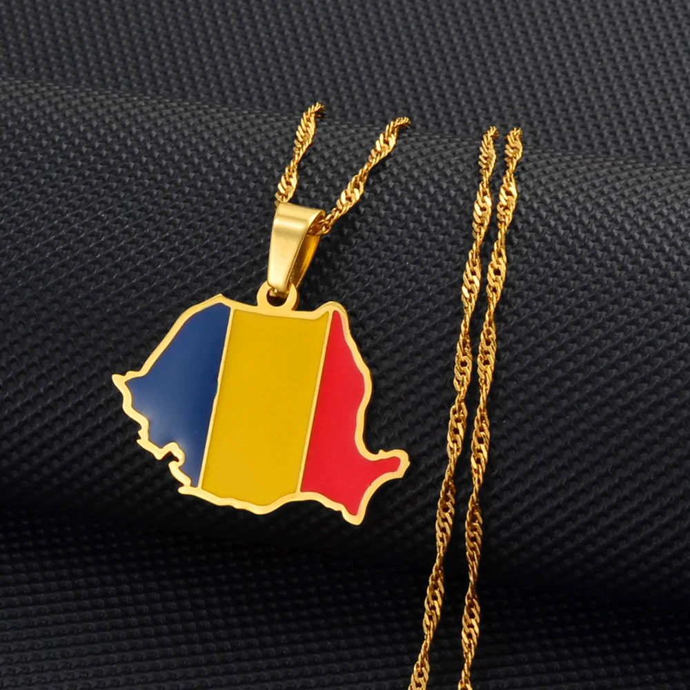 Anniyo Romania Map Flag Pendant Necklaces Silver Color/Gold Color Romanian Jewelry Ethnic @258621