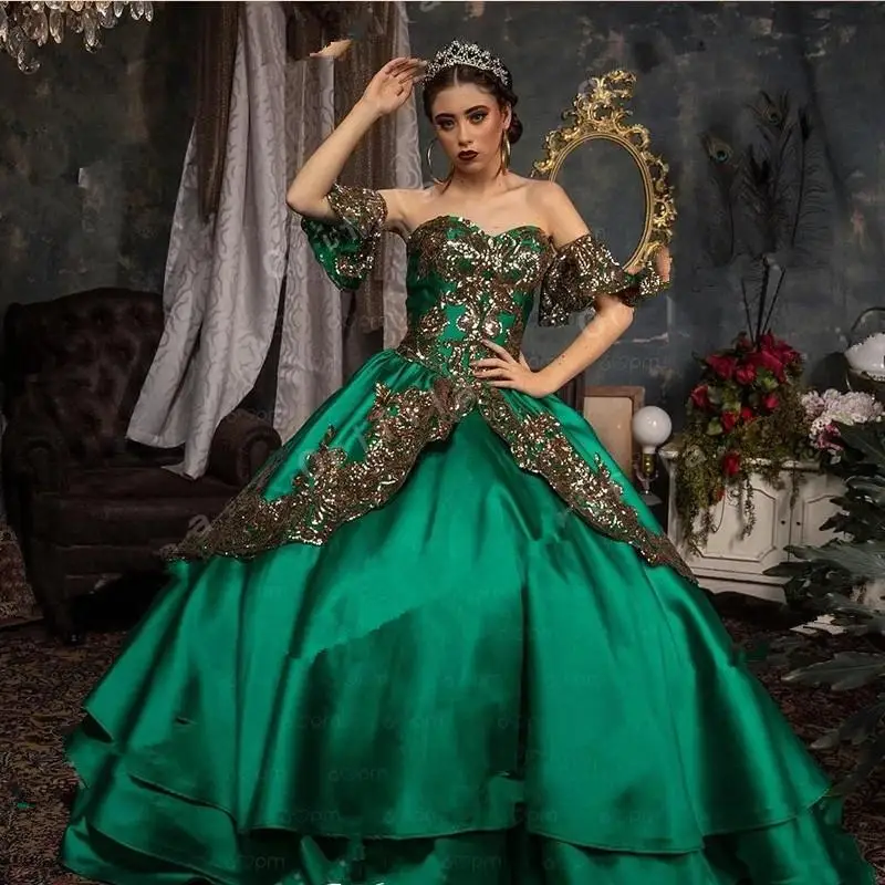 فستان حفلة من الدانتيل باللون الذهبي الوردي الحلو 16 من فساتين Quinceanera مطرزة بالدانتيل سباركلي ، فستان حفلة ، ثوب حفلة ، فستان عيد ميلاد فتاة مك...