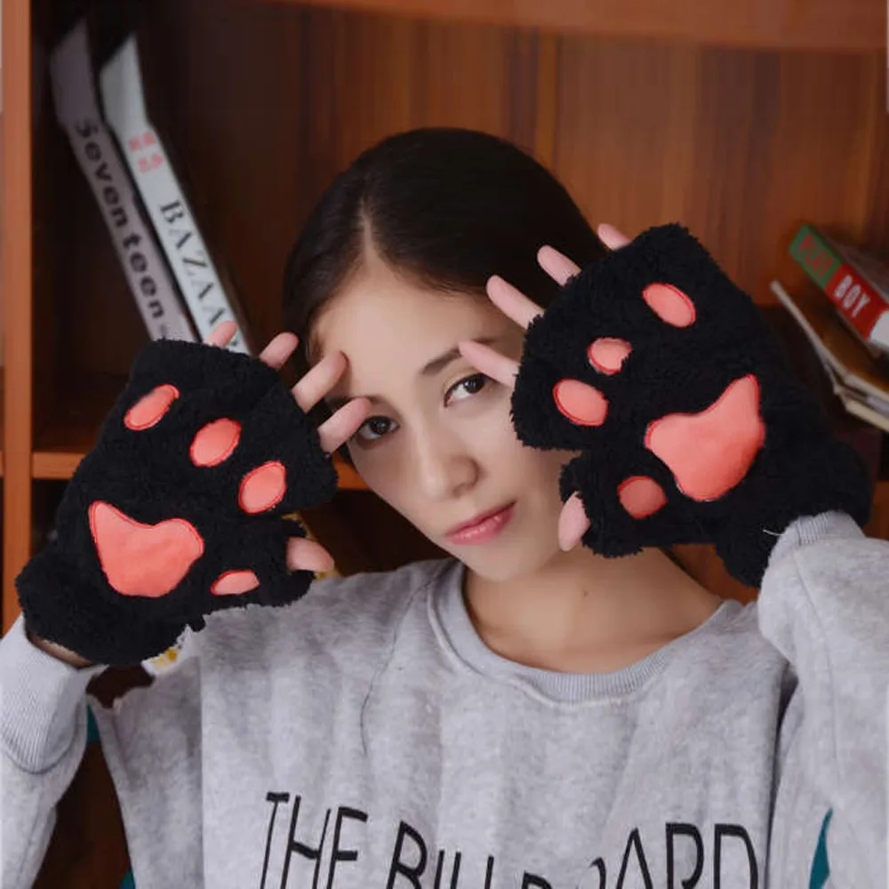 1Pair Women Cute Winter Warm Fingerless Gloves Fluffy Bear Cat Plush Paw Claw Half Finger Gloves Mitten New Warm Gloves guantes