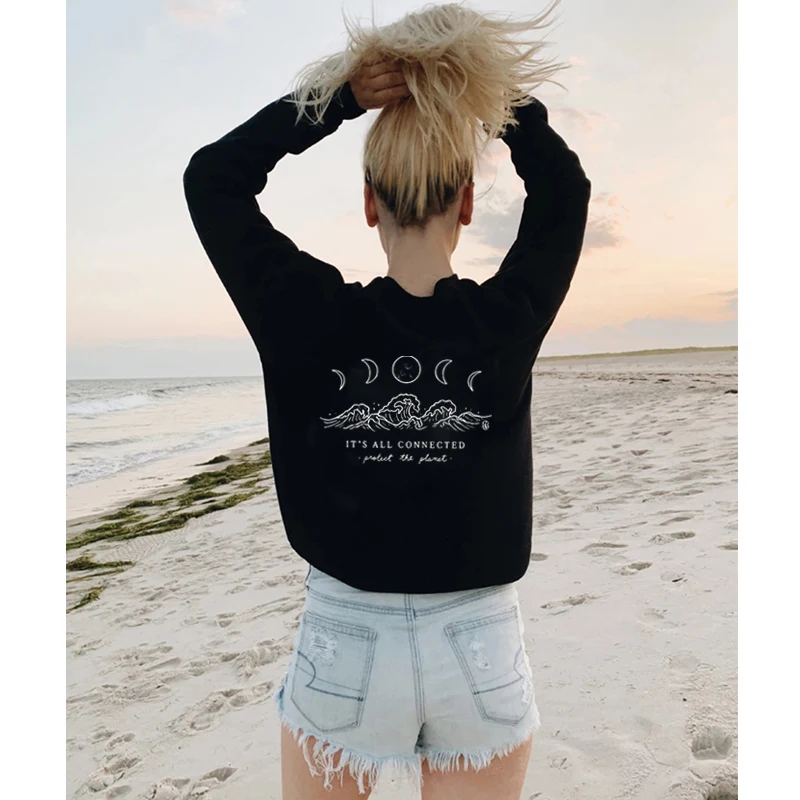 

It's All Connected Protect The Planet Sweatshirt Women Mystical Moon Phase Pullovers Casual Graphic Ethical Vegan Sweatshirts