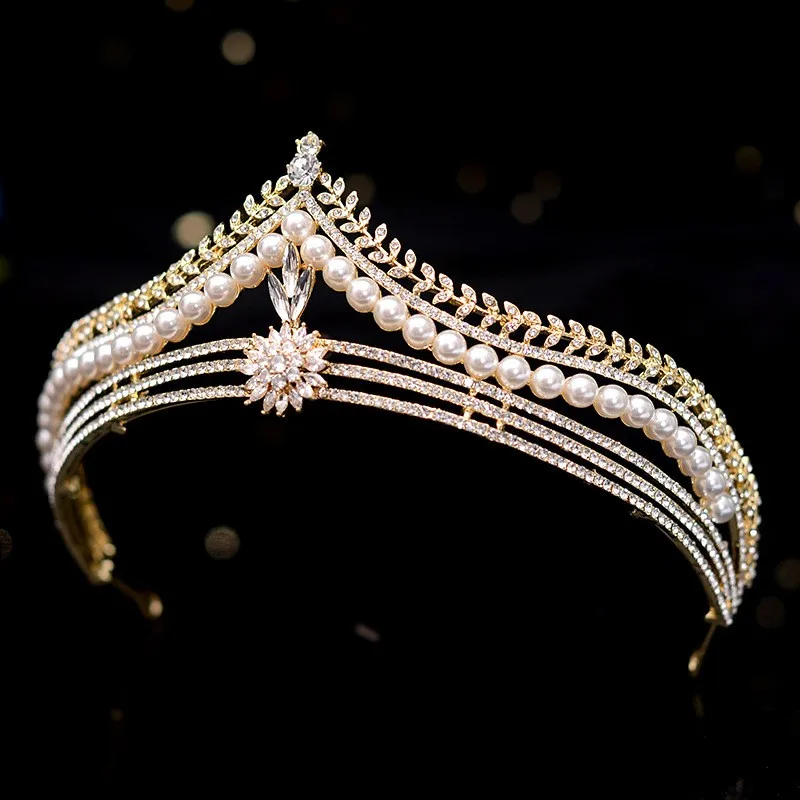 Baroque Retro Gold Color Crystal Pearl Bridal Tiaras Crown Geometric Rhinestone Pageant Diadem Headband Wedding Hair Accessories