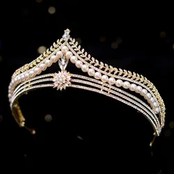 Baroque Retro Gold Color Crystal Pearl Bridal Tiaras Crown Geometric Rhinestone Pageant Diadem Headband Wedding Hair Accessories