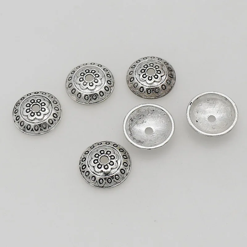 50pcs/lot Bohemia Antique Silver Flower Round Bead Caps 14mm Decoration Zinc Alloy Beaded End Cap Charms DIY Jewelry Findings