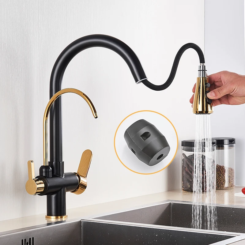 Black and Golden Filtered Crane For Kitchen Pull Out Sprayer  drinking water Three Ways Water Filter Tap Kitchen Faucet hot cold