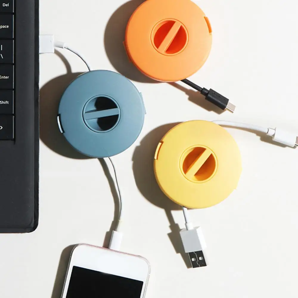 Round Shaped Rotating Clip Wire Cable Winder Box Headphone Storage Container