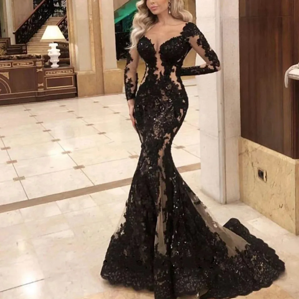 Vestidos pretos sexy com decote em v, mangas compridas, vestidos elegantes com renda, Party Night, Novo, 2020